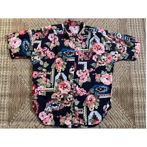 vintage AT LAST Basics 100% cotton short sleeve button up 90s Sz Med